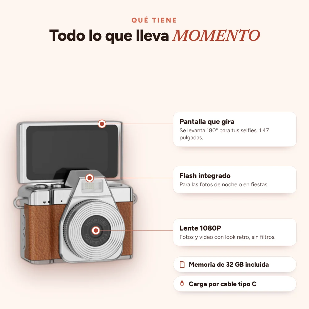 Qué tiene MOMENTO: pantalla que gira, flash y lente 1080P